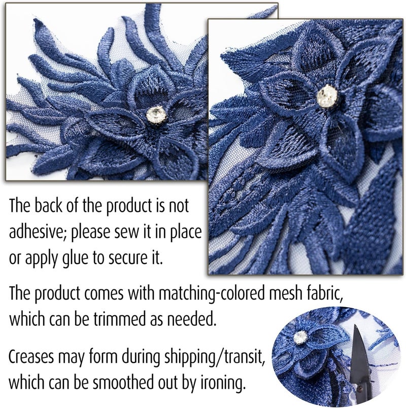 Silvora Phoenix Peacock Feather Tail Fabric Beaded Lace Applique,3D Embroidered Flower Fabric Patch for Bridal Dress, Handmade Sewing Tool for Wedding DIY Crafts(Navy Blue) - Image 4
